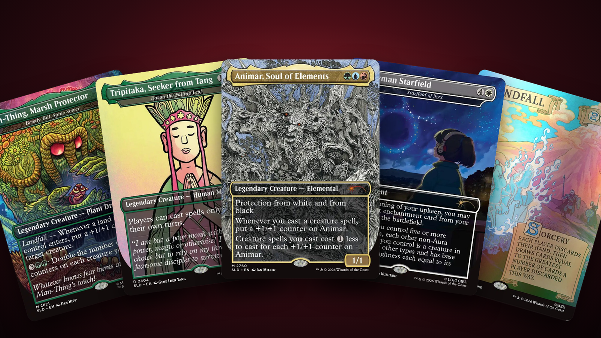 Secret Lair cards: Bristly Bill, Dosan the Falling Leaf, Animar, Starfield of Nyx and Windfall